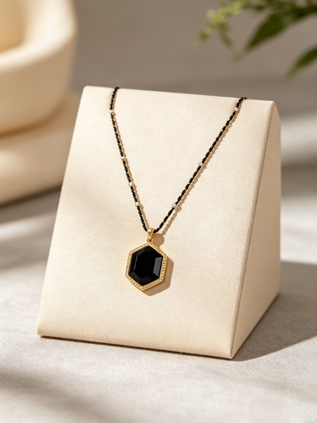 Black Octagonal Gem Pendant Gold‑Tone Necklace