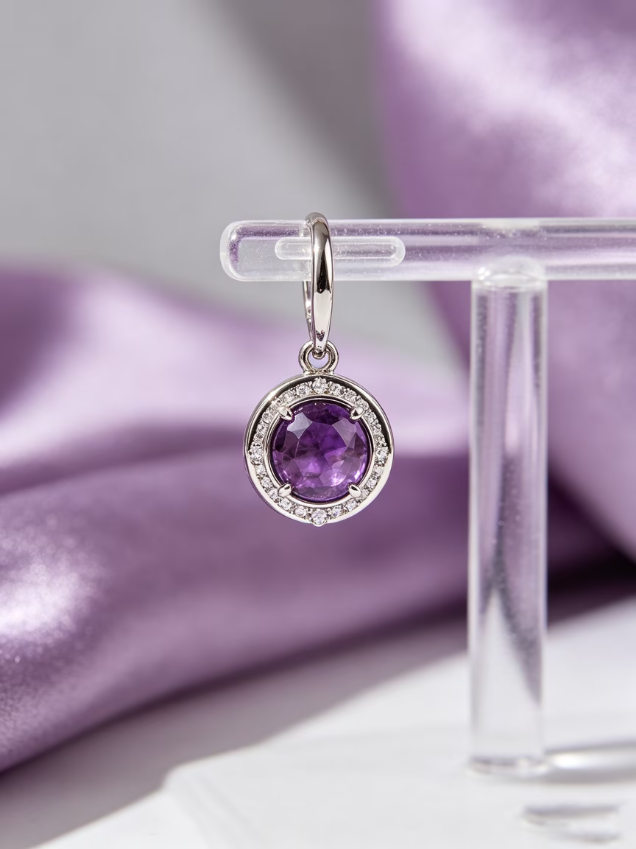 Silver Purple Amethyst Halo CZ Huggie Earring
