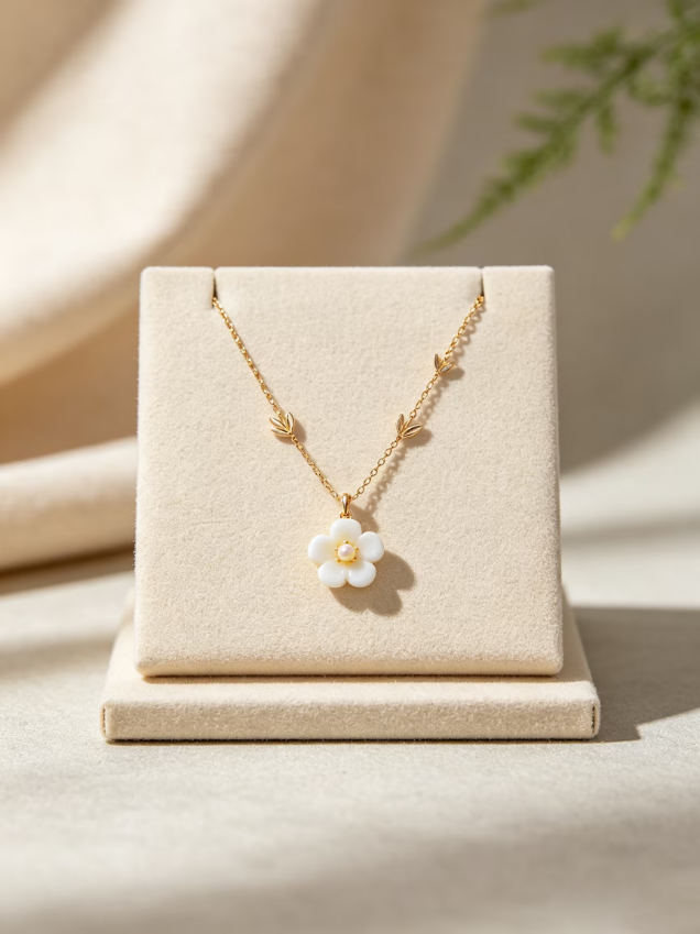 White Flower Pearl Pendant Gold‑Tone Necklace