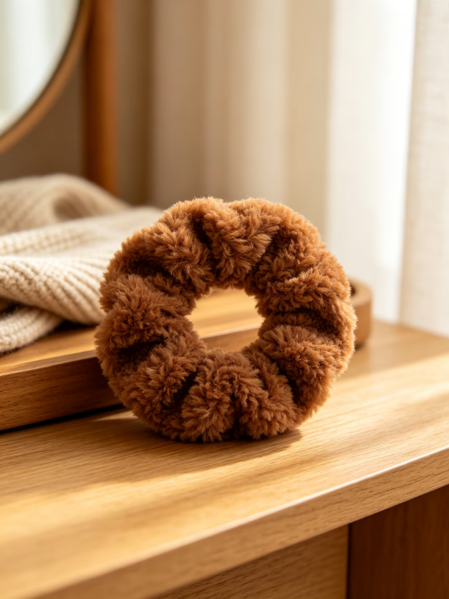 Brown Fuzzy Plush Scrunchie, Fluffy Warm Winter Hair Tie
