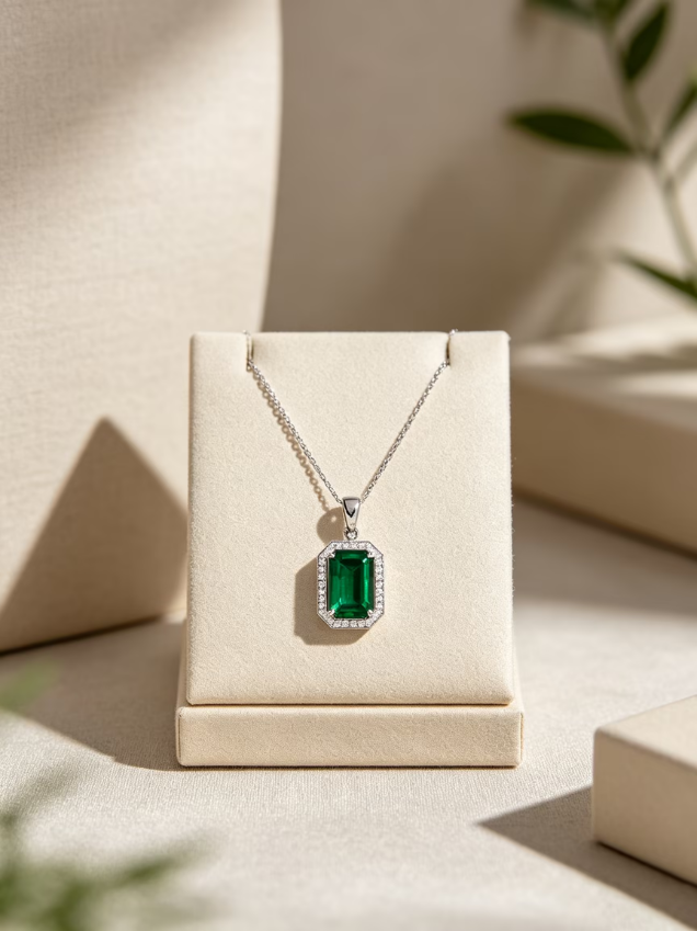 Rectangular Green Gem Halo Silver‑Tone Pendant Necklace