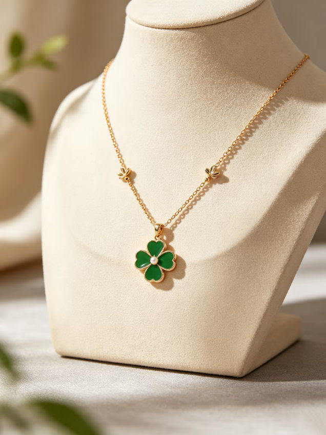 Green Enamel Four‑Leaf Clover Pearl Gold Necklace