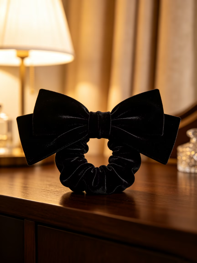 Black Velvet Bow Scrunchie, Large Elegant Hair Tie