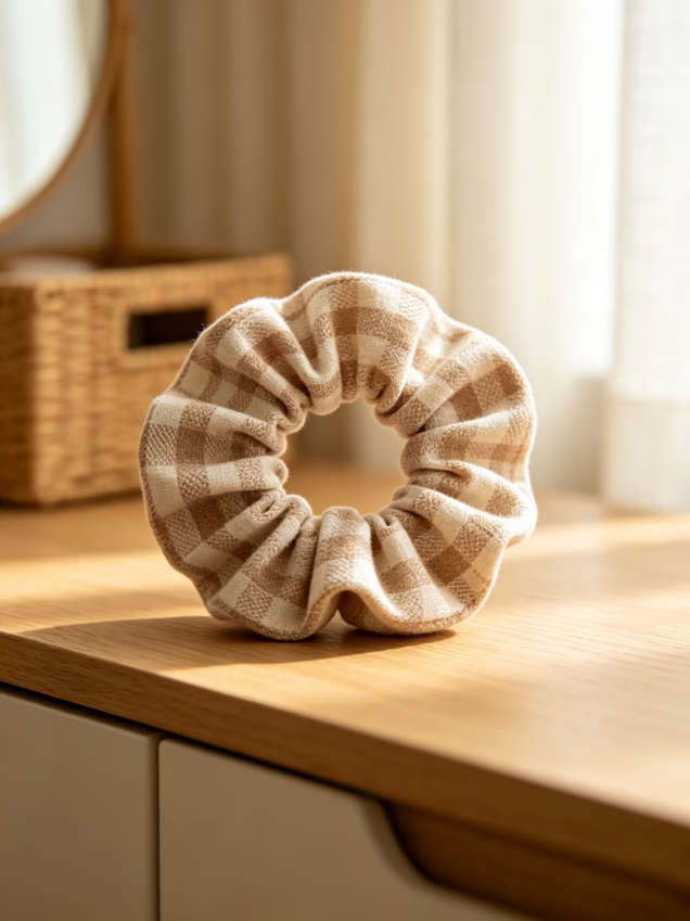 Beige Brown Gingham Scrunchie, Plaid Soft Fabric Hair TieBeige Brown Gingham Scrunchie, Plaid Soft Fabric Hair Tie