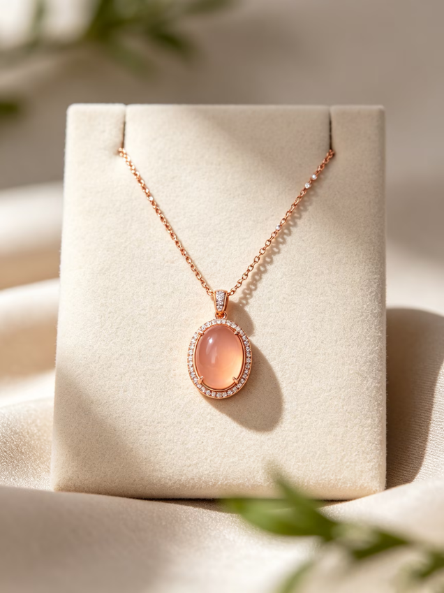 Oval Pink Gem Halo Rose Gold‑Tone Crystal Accent Necklace