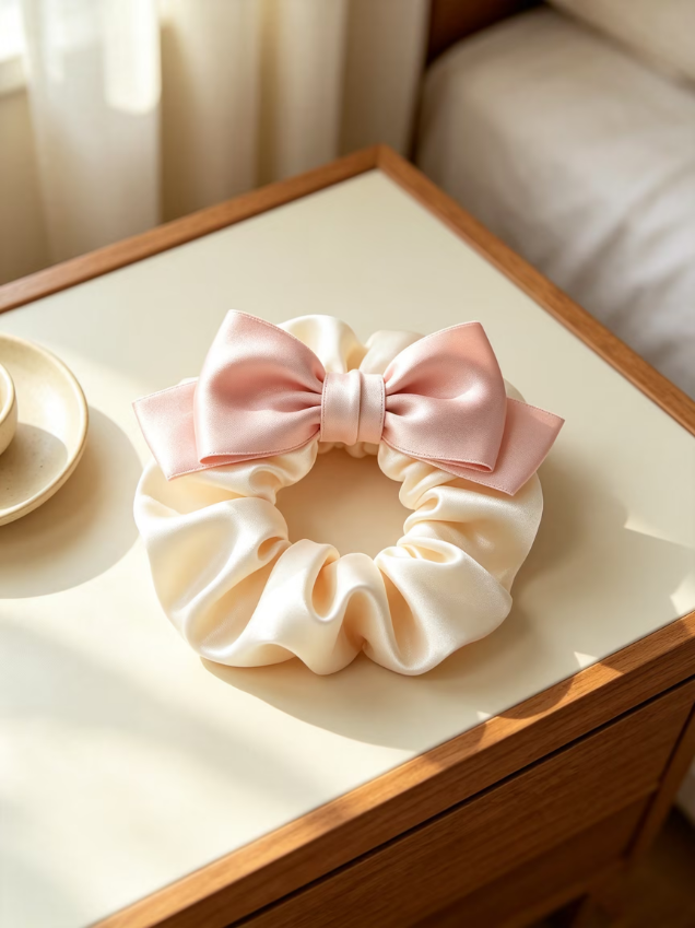 Satin Bow Scrunchie, Cream & Pink Two‑Tone Hair Scrunchy