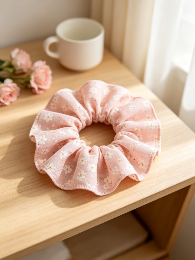 Pink Floral Cotton Scrunchie, Ditsy Flower Hair Scrunchy