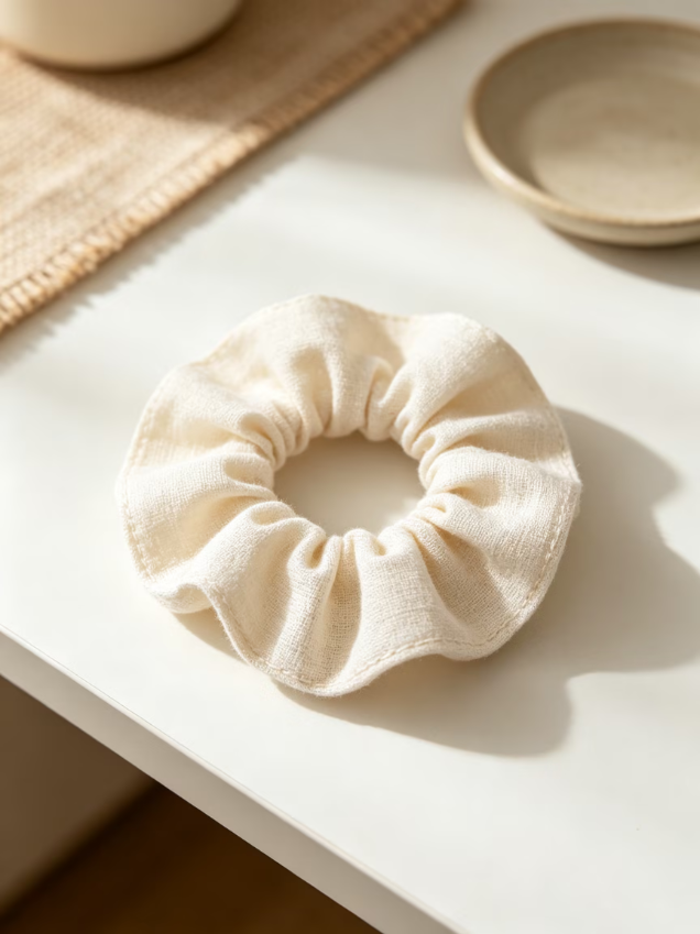 Cream Cotton Linen Scrunchie, Minimalist Soft Hair Tie