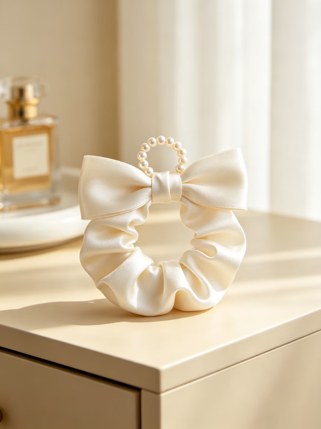 Cream Satin Bow Scrunchie With Pearl Decor