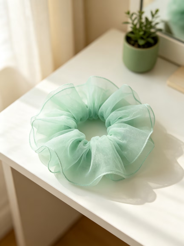 Mint Green Sheer Tulle Scrunchie, Lightweight Organza Hair Tie