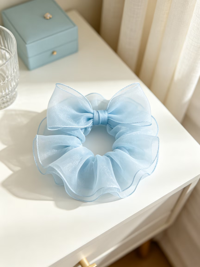 Light Blue Organza Bow Scrunchie, Sheer Elegant Hair Tie