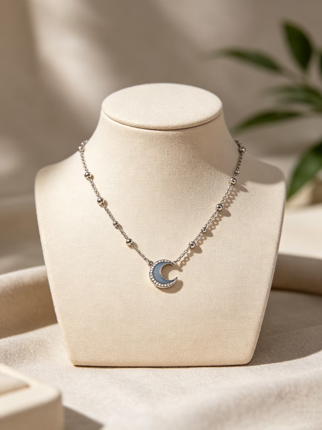 Blue Enamel Crescent Moon Silver‑Tone Beaded Bracelet