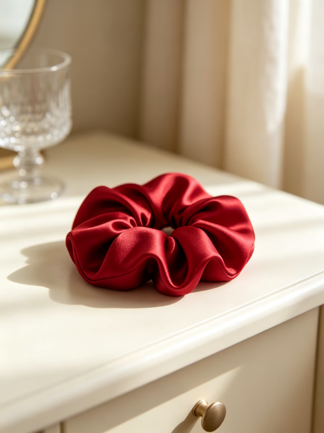 Wine Red Satin Scrunchie, Silky Solid Hair Tie
