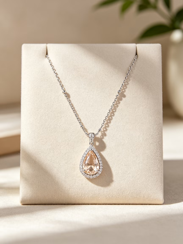 Teardrop Champagne Crystal Halo Silver‑Tone Beaded Necklace