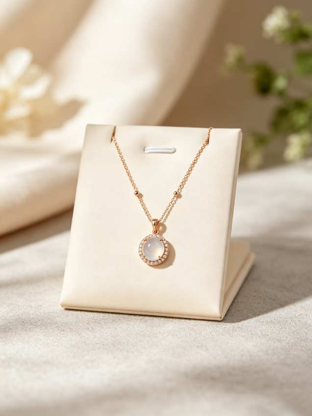 Round Moonstone Halo Rose Gold‑Tone Beaded Chain Necklace