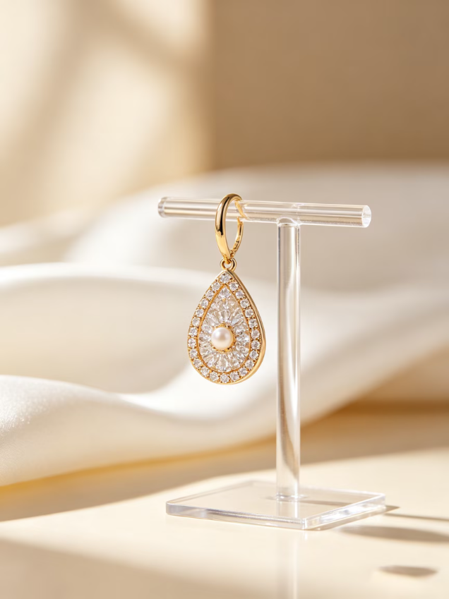 Gold Teardrop Pearl CZ Huggie Dangle Earring