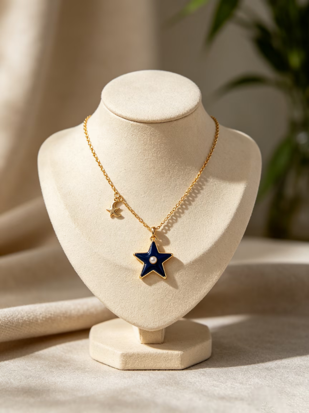 Blue Enamel Star Pearl Gold‑Tone Necklace