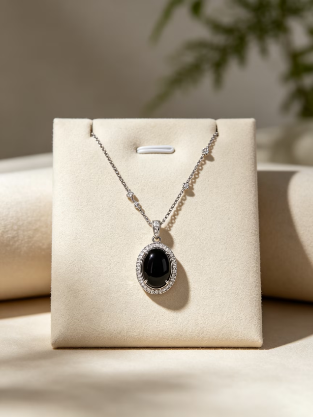Oval Black Gem Halo Silver‑Tone Pendant Necklace